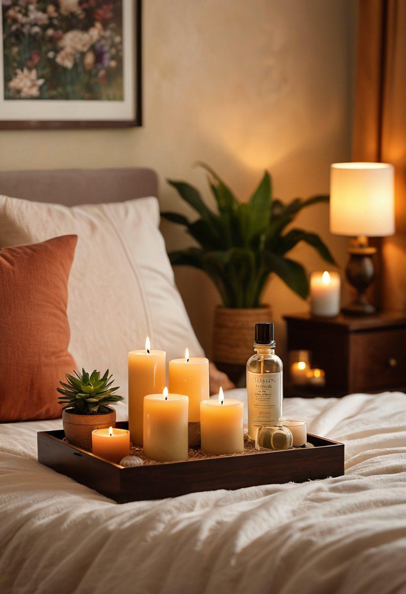 A tranquil and inviting bedroom scene, featuring an array of elegant sensual wellness toys artfully displayed on a plush, inviting bed. Soft, warm lighting casts a gentle glow, enhancing the atmosphere of relaxation and intimacy. Lush plants and candles add to the serene ambiance, while luxurious fabrics drape gracefully in the background. Include subtle hints of self-care elements like essential oils and a cozy reading nook. super-realistic. warm colors. soft focus.