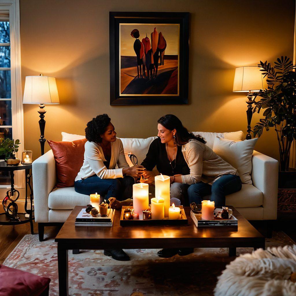 A cozy, elegantly decorated living room showcasing diverse couples exchanging unique romantic gifts; soft lighting illuminating a selection of kink and fetish items artfully arranged on a table. Warm tones evoke a sense of intimacy and connection. The couples display a variety of expressions ranging from delight to curiosity. Background hints of playful decor that suggest exploration and understanding of desires. vibrant colors. cozy atmosphere. soft lighting.